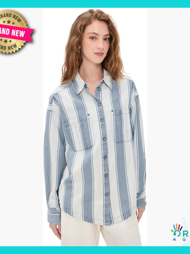 Oversized Striped Button Down Shirt Classic Fit Chambray Denim Boho Chic
